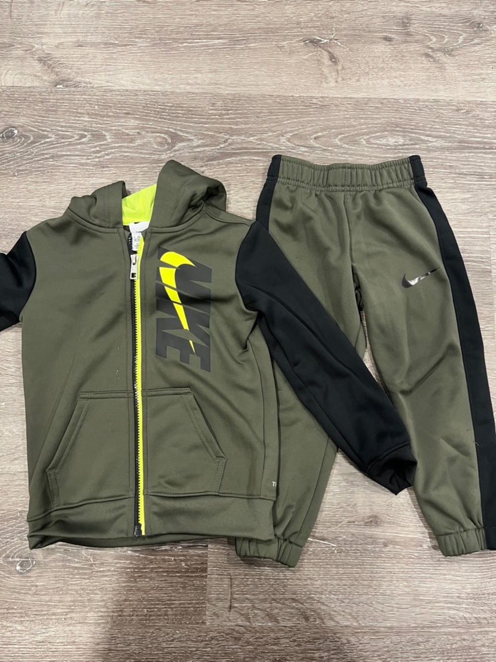 Nike Olive Green, Black & Neon Yellow Kids Hoodie and Joggers Set